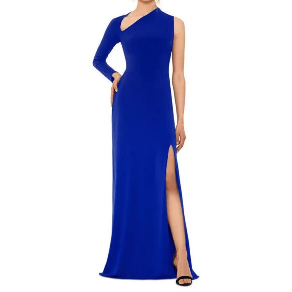 Betsy & Adam Royal Blue Asymmetric Neckline One Sleeve Maxi Evening Gown Reemoly